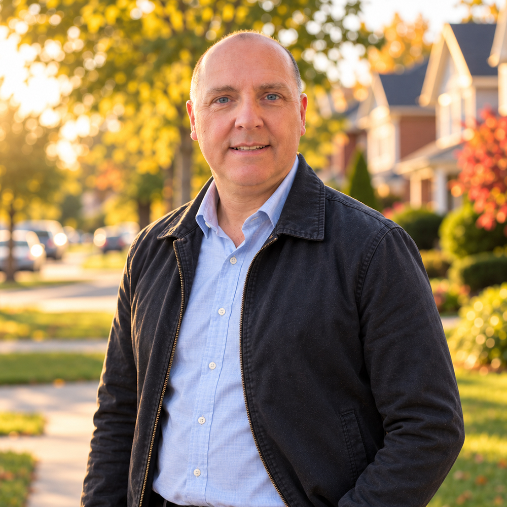Brian Machan smiling in a Burlington neighbourhood