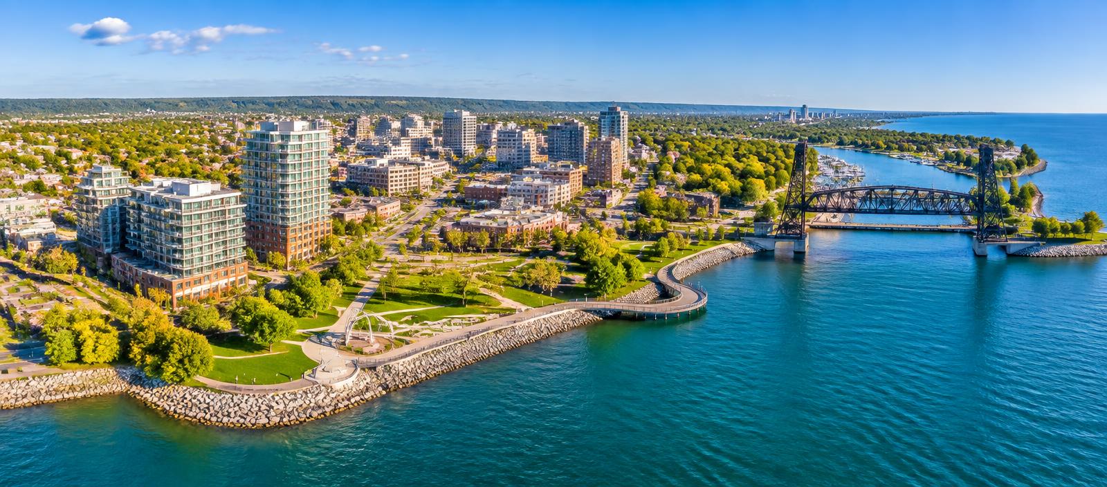 Aerial view of Burlington, Ontario waterfront and downtown